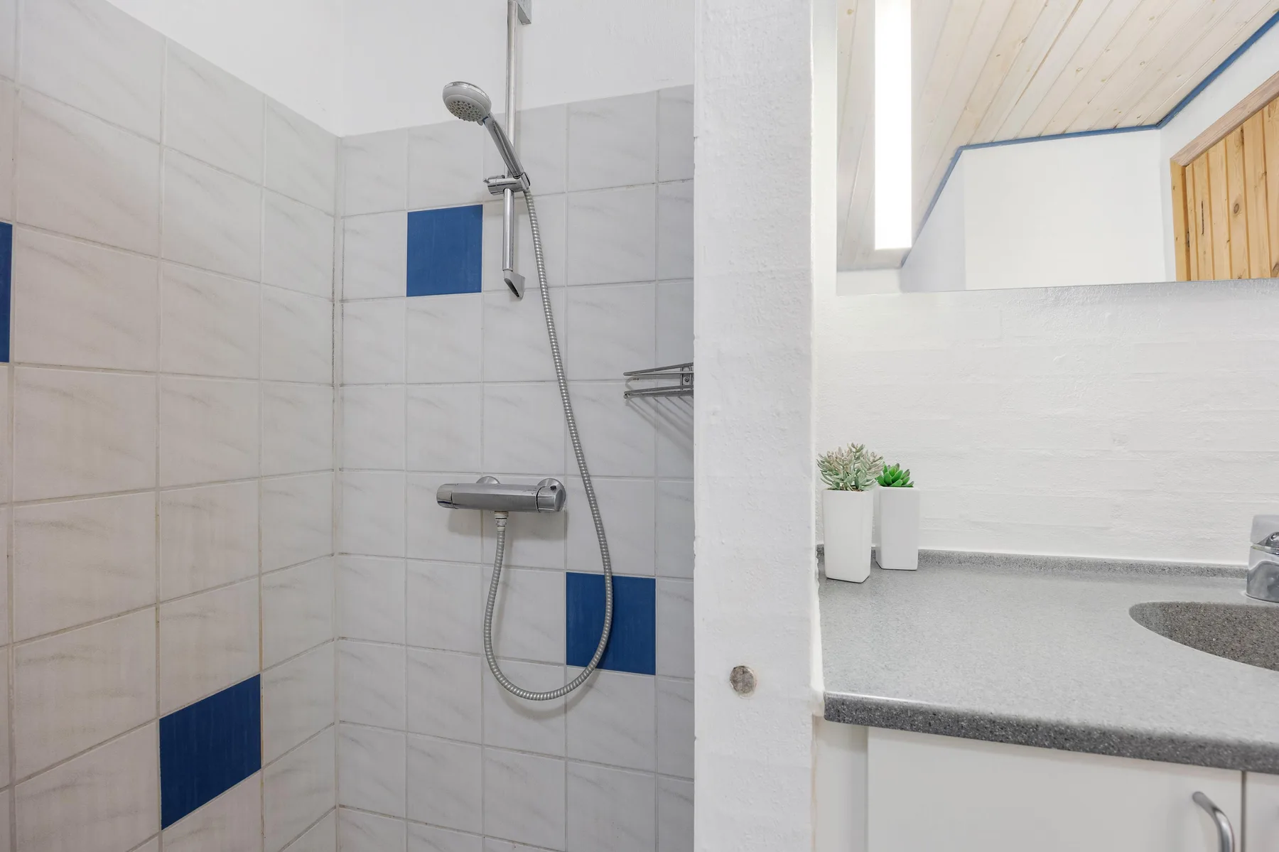 Un baño alicatado con una ducha de pared junto a una encimera con lavabo.