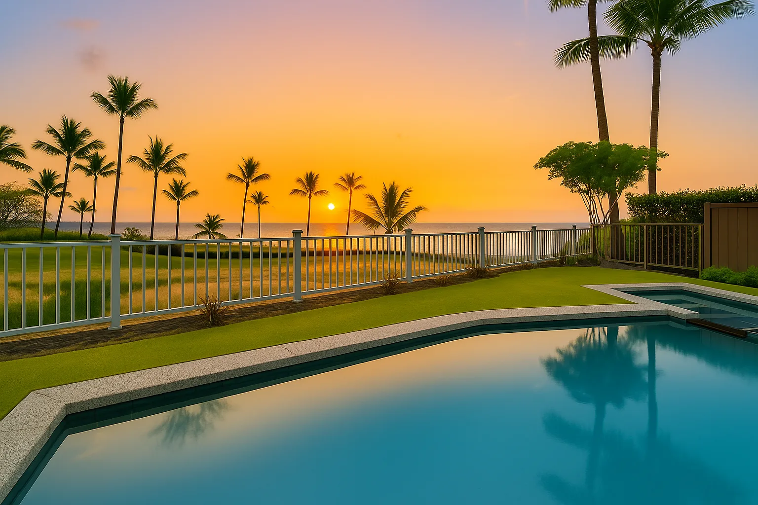 A swimming pool overlooks a palm-lined beach at sunset.