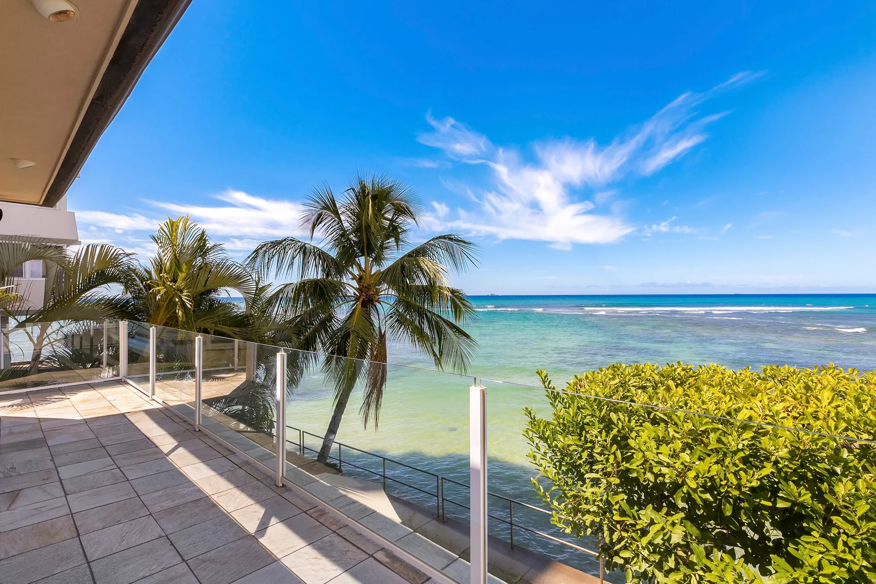 A seaside patio overlooks the turquoise water, with palm trees and a leafy hedge.