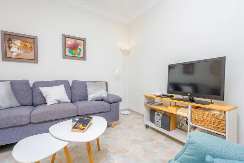 Una sala de estar con un sofá gris, mesas de centro y un televisor sobre una consola.