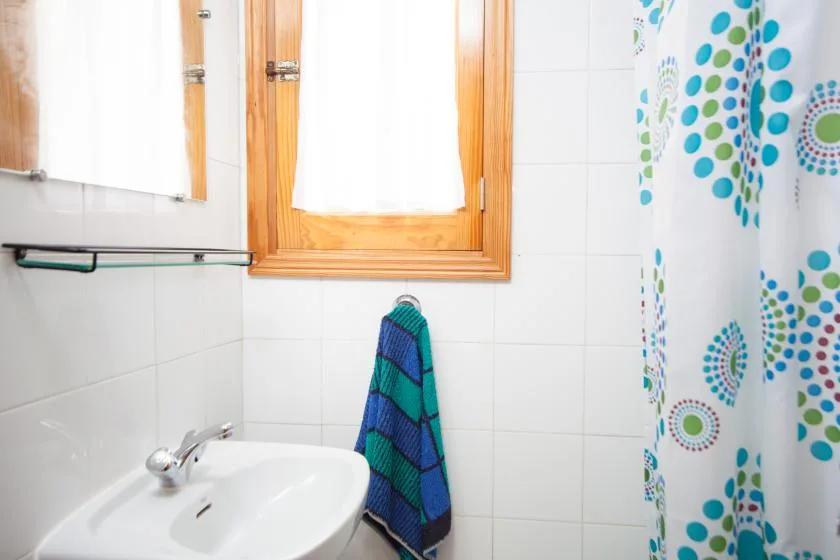 Un baño luminoso con lavabo, ventana y cortina de ducha estampada.