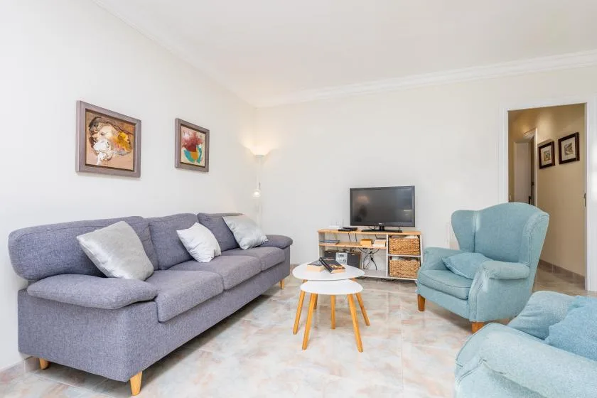 Una sala de estar con un sofá gris, un sillón azul y un televisor.