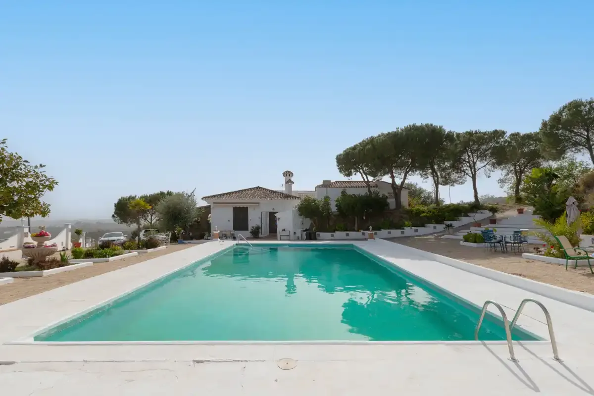An outdoor swimming pool sits in front of a low house and surrounding trees.