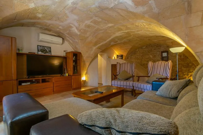 Una sala de estar con asientos acolchados, un televisor y una mesa de centro baja bajo un techo de piedra.