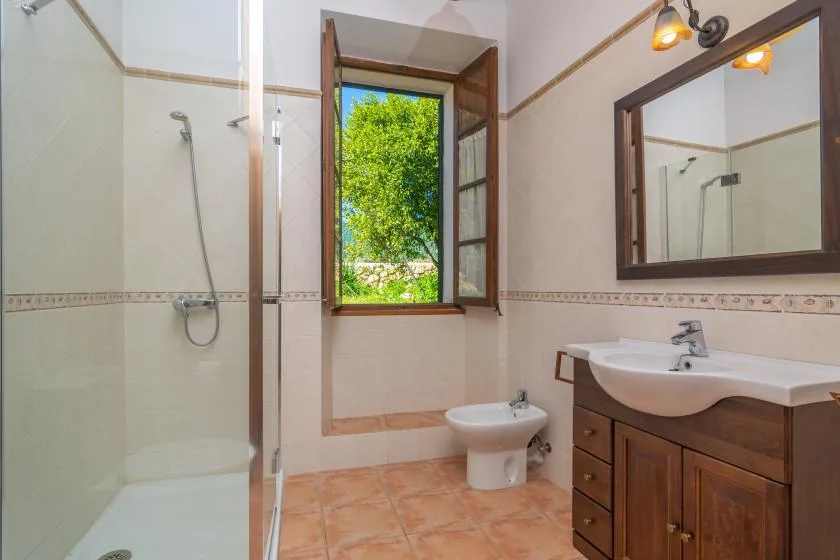 Un baño con ducha, lavabo y una ventana con vistas a la vegetación.