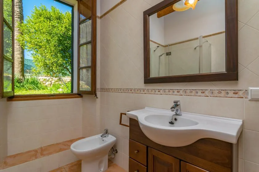 Un baño con lavabo y espejo junto a una ventana abierta con vista a la vegetación.