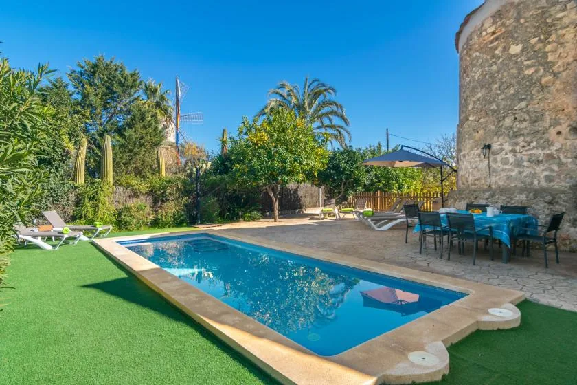 Una piscina junto a un patio pavimentado con asientos al aire libre y vegetación.