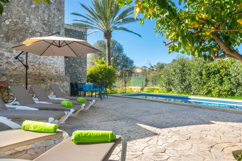 Un patio soleado junto a la piscina tiene asientos, una mesa y árboles frondosos.