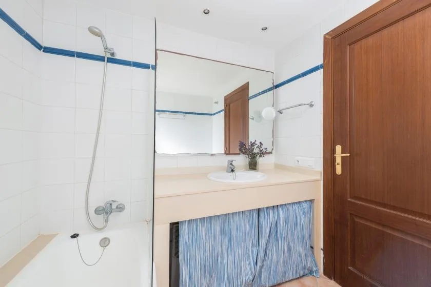 Un baño alicatado tiene un lavabo bajo un espejo y una ducha al lado.