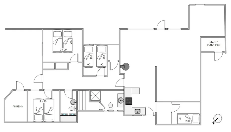 Un plano muestra varias habitaciones, zonas para dormir, baños y una cocina.