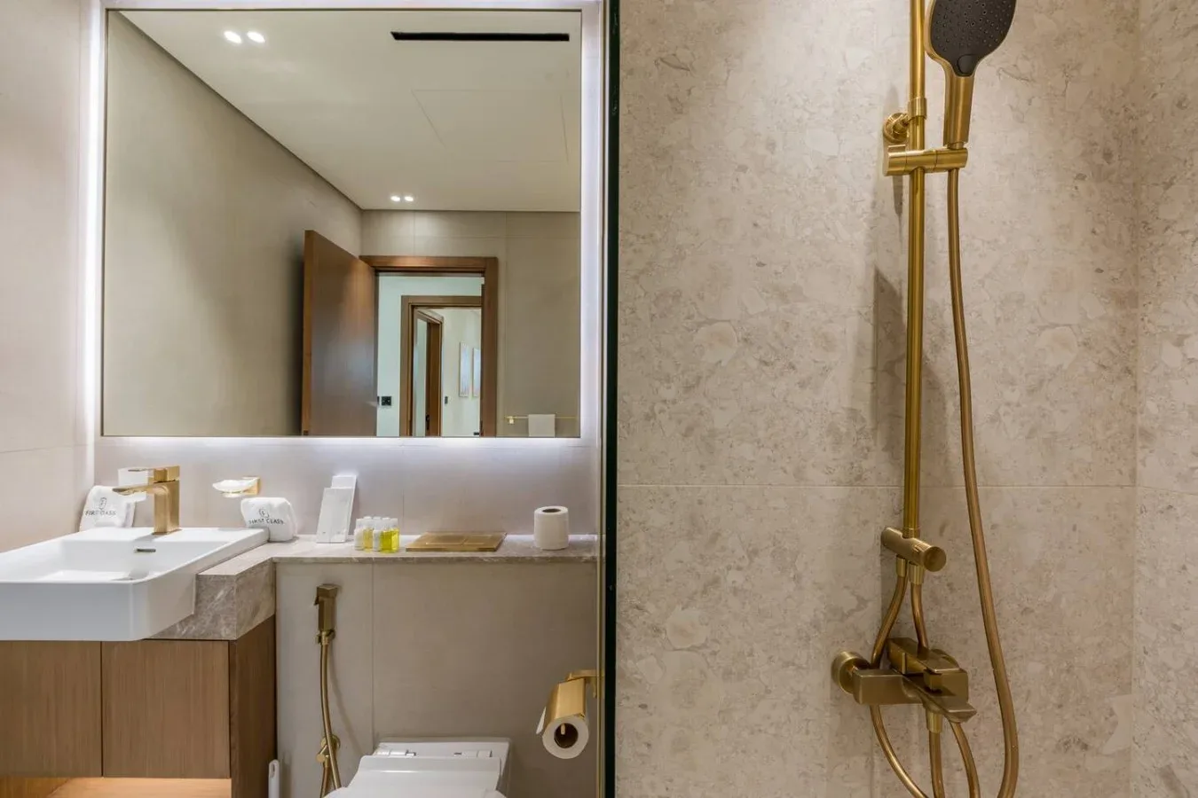 Un lavabo con espejo junto a una ducha de pared.