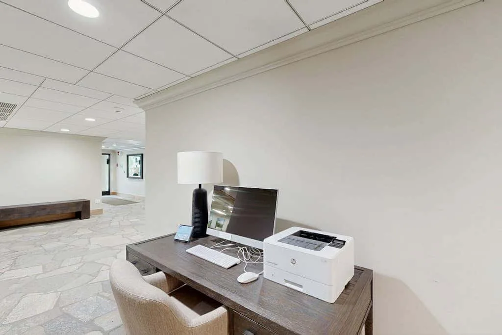 A basement lounge area with a desk, computer monitor, and printer.