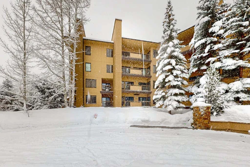 A multi-story building stands among snow-covered trees beside a snowy driveway.