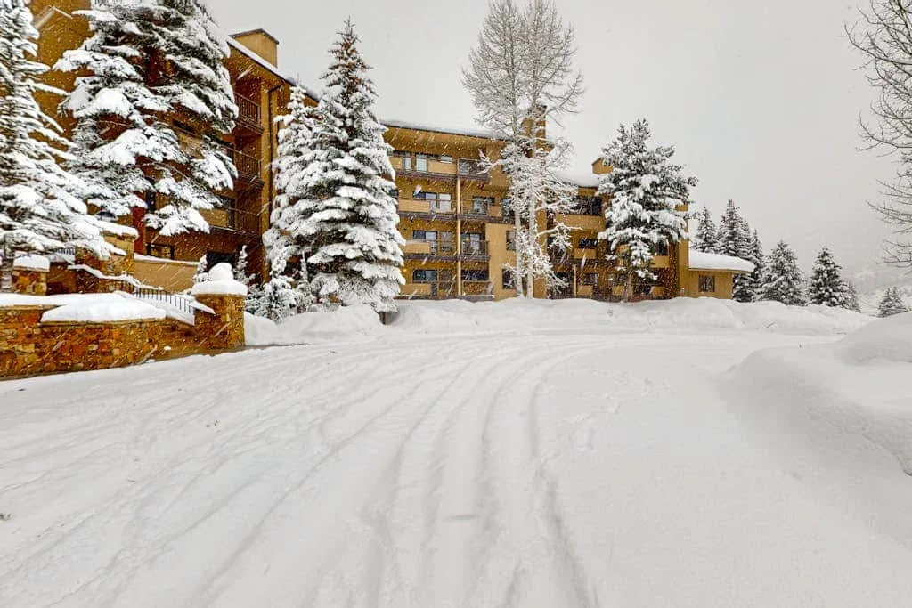 A snow-covered lodge stands among evergreen trees beside a broad snowy driveway.