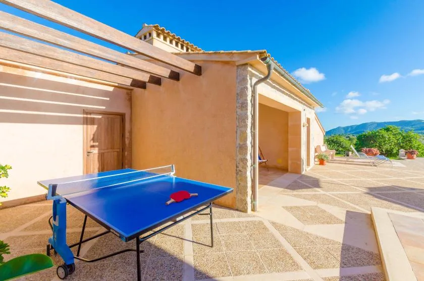A sunny outdoor patio has a blue table tennis table beneath a wooden pergola.