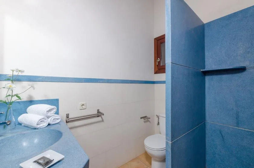 A bathroom with a blue sink counter, toilet, and tiled shower area.