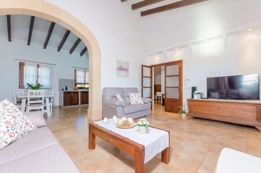 A bright living room with seating, a wooden coffee table, and a television.
