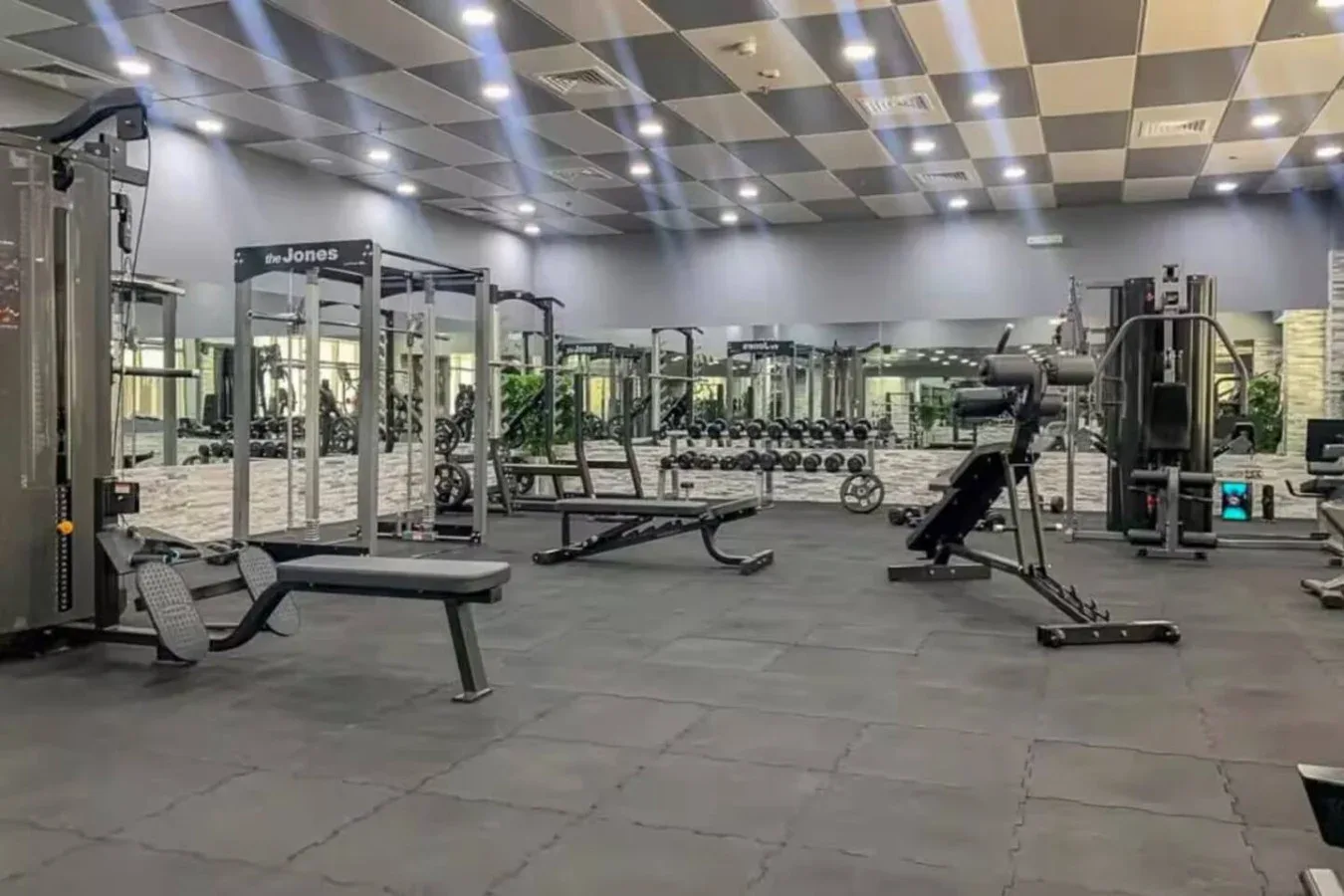 Un gimnasio con máquinas de musculación y pesas libres.