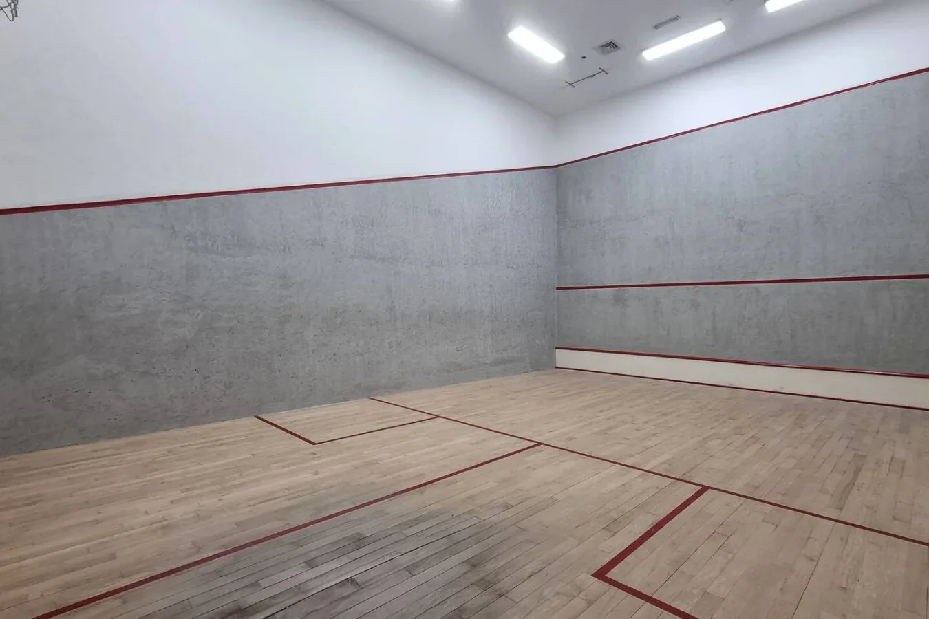 Una cancha interior con suelo de madera y paredes grises.