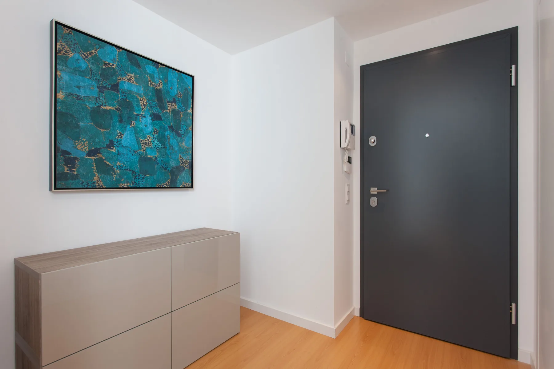An apartment entryway with a framed artwork above a low cabinet.