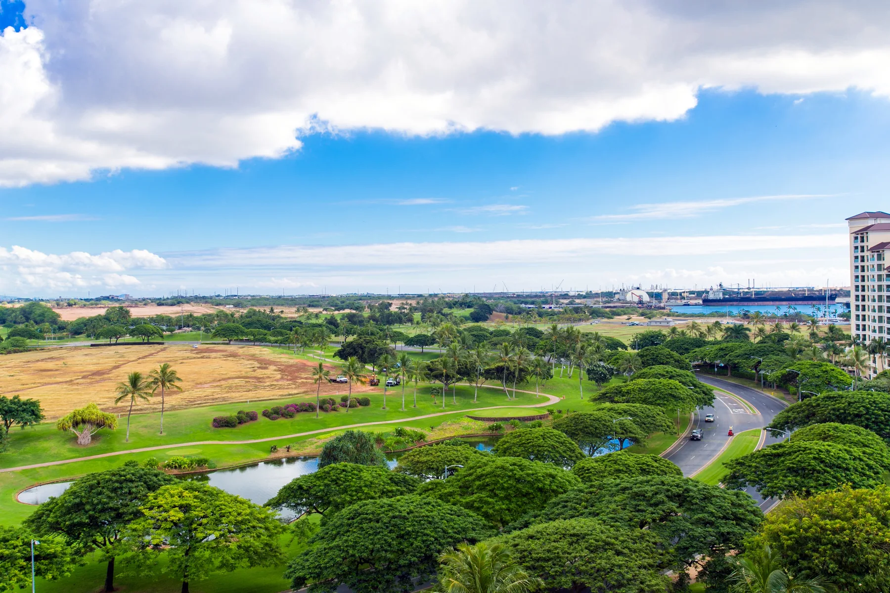 Un amplio paisaje verde con césped, árboles, una carretera sinuosa y edificios urbanos a lo lejos.
