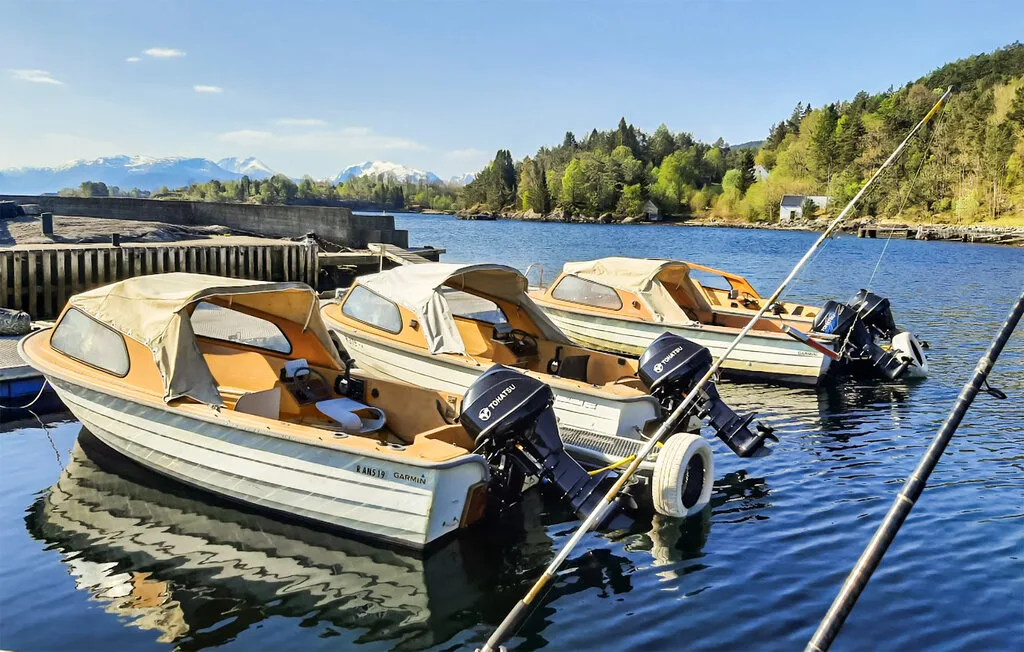 Several small motorboats are moored beside a wooden dock on a lake.