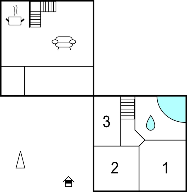 A simple black-and-white floor plan shows room divisions and numbered spaces.
