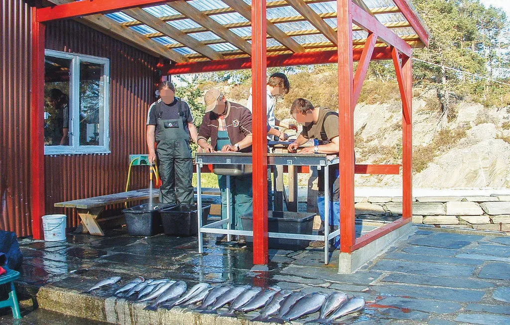 People clean fish at a worktable beneath a covered outdoor structure.