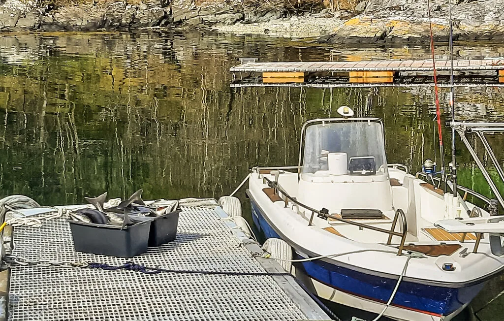 A small motorboat is moored beside a floating dock on calm water.