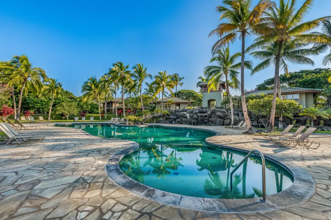 Una piscina curva en un patio tropical pavimentado de piedra y rodeado de palmeras.