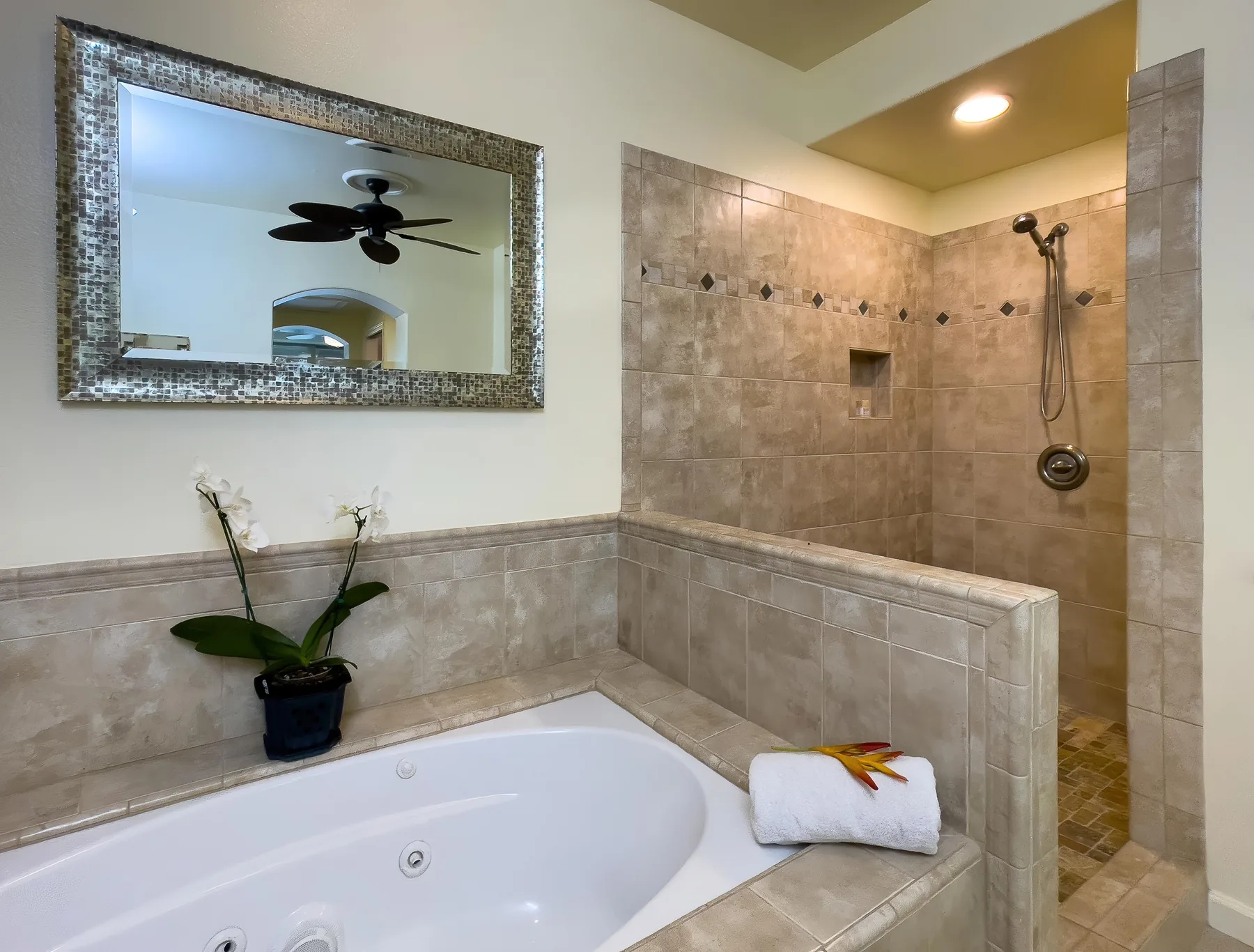 Un baño alicatado con una bañera y una ducha independiente.