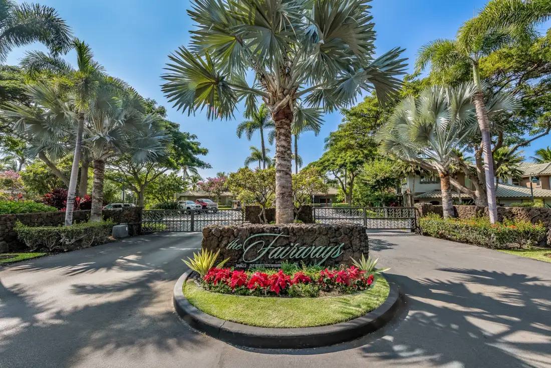 Una entrada ajardinada con una palmera central, un parterre de flores y una calzada.