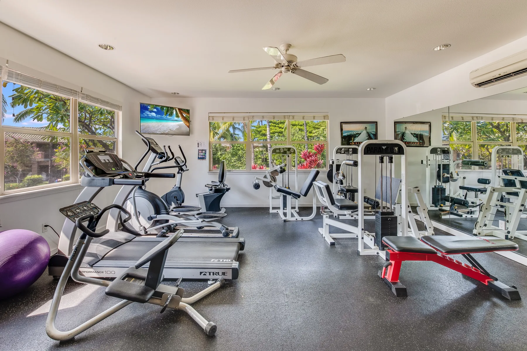 Un gimnasio con máquinas de ejercicio y ventanas amplias.