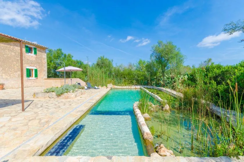 Outdoor swimming pool beside a stone building and landscaped greenery.