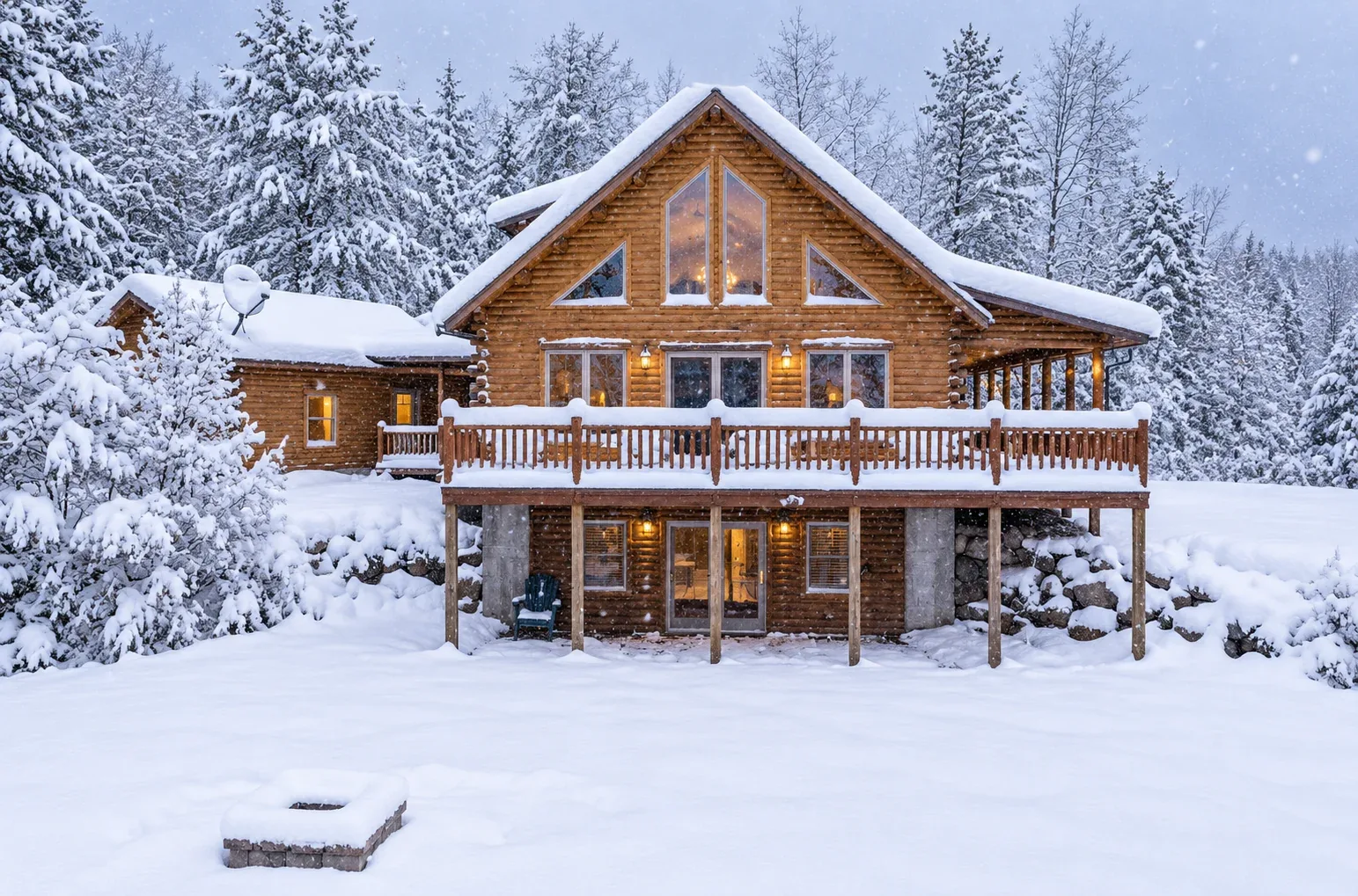 Una casa de madera está rodeada de árboles cubiertos de nieve y un patio nevado.