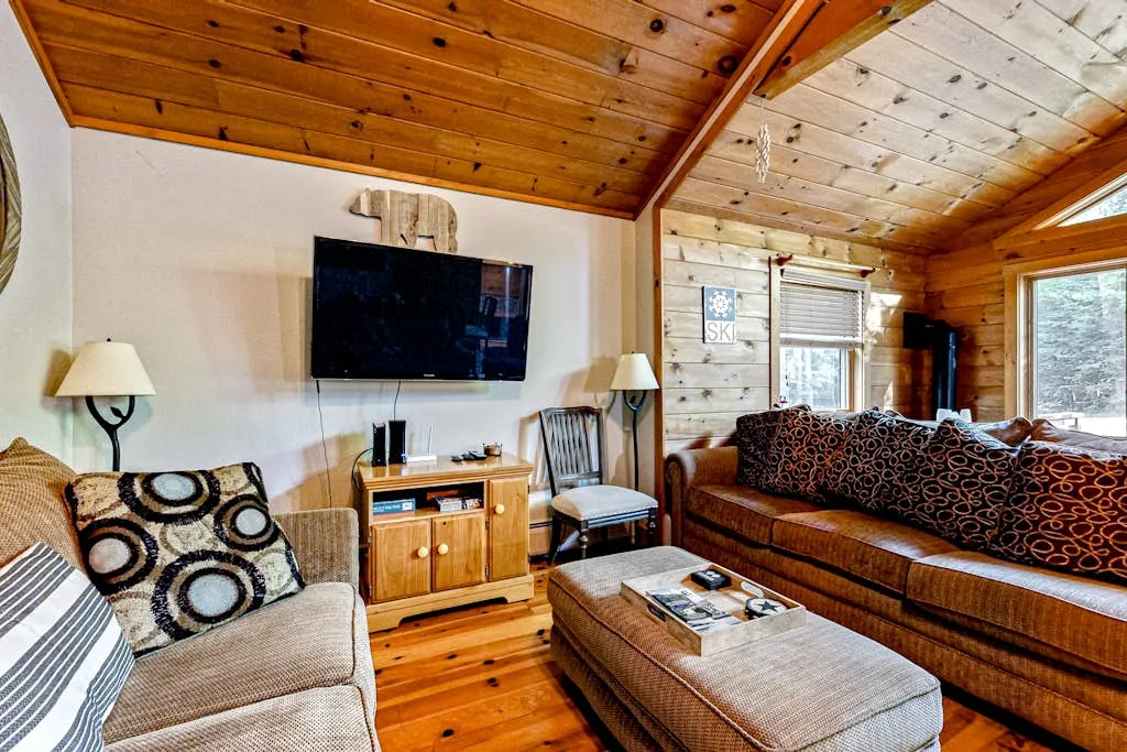 A wood-paneled living room has a television, seating, and large windows.