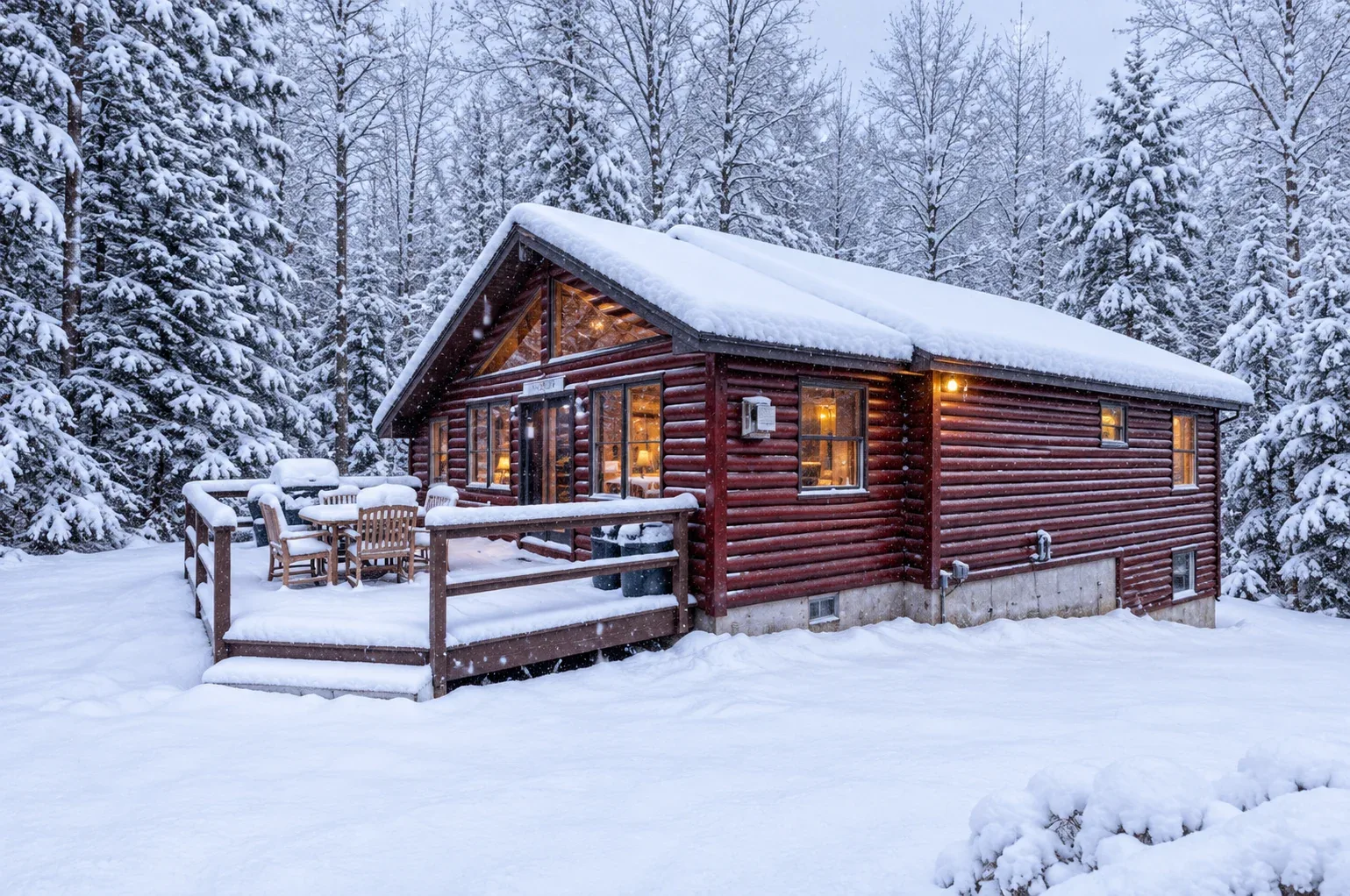 A log cabin sits in a snowy forest beside a snow-covered deck.