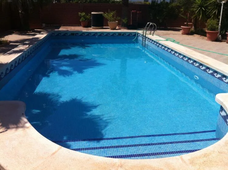 Una piscina azul está rodeada por una terraza pavimentada y plantas en macetas.