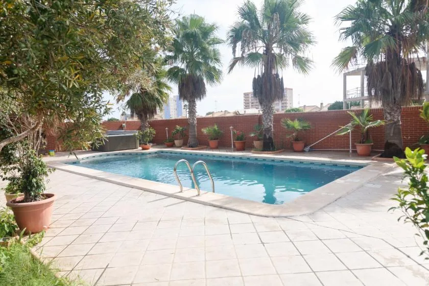 Una piscina al aire libre está rodeada de pavimento de baldosas y plantas en macetas.