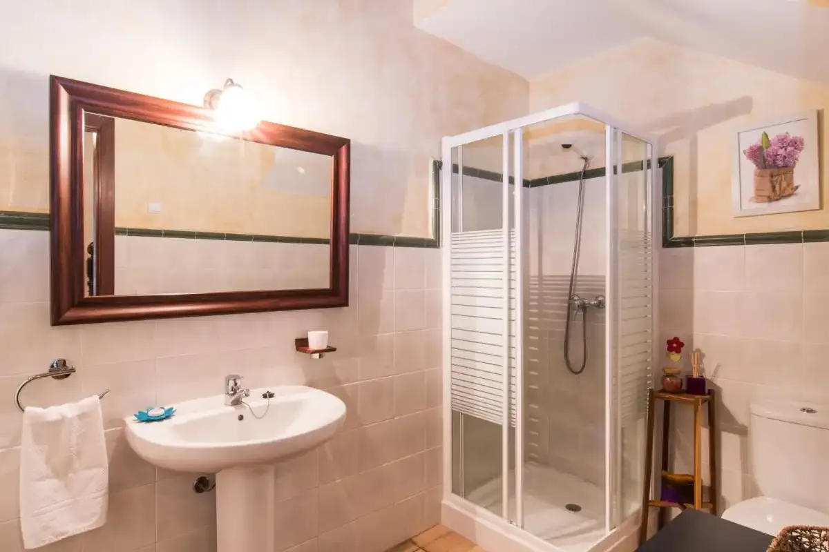 Un baño con lavabo y ducha acristalada.