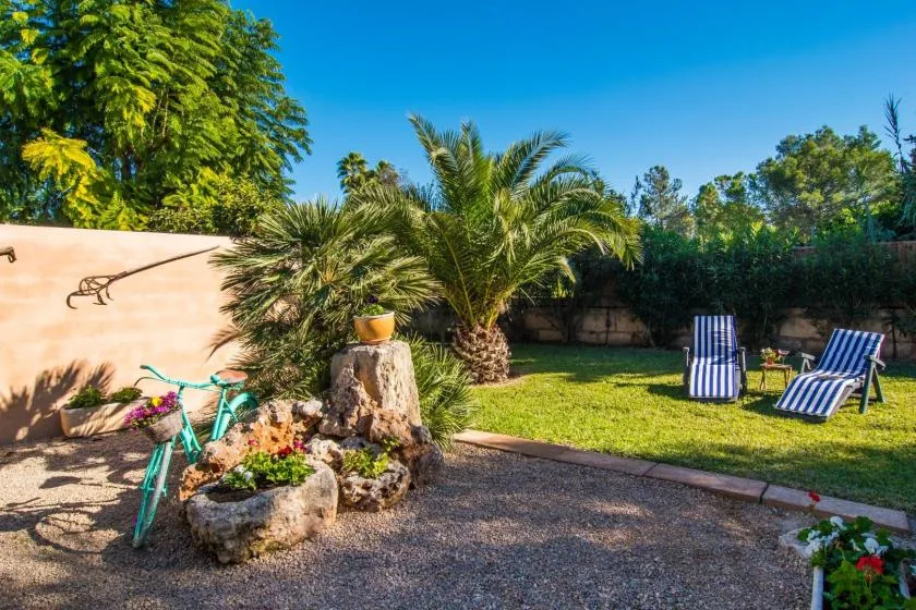 Un jardín soleado con una palmera, césped y asientos a rayas al aire libre.