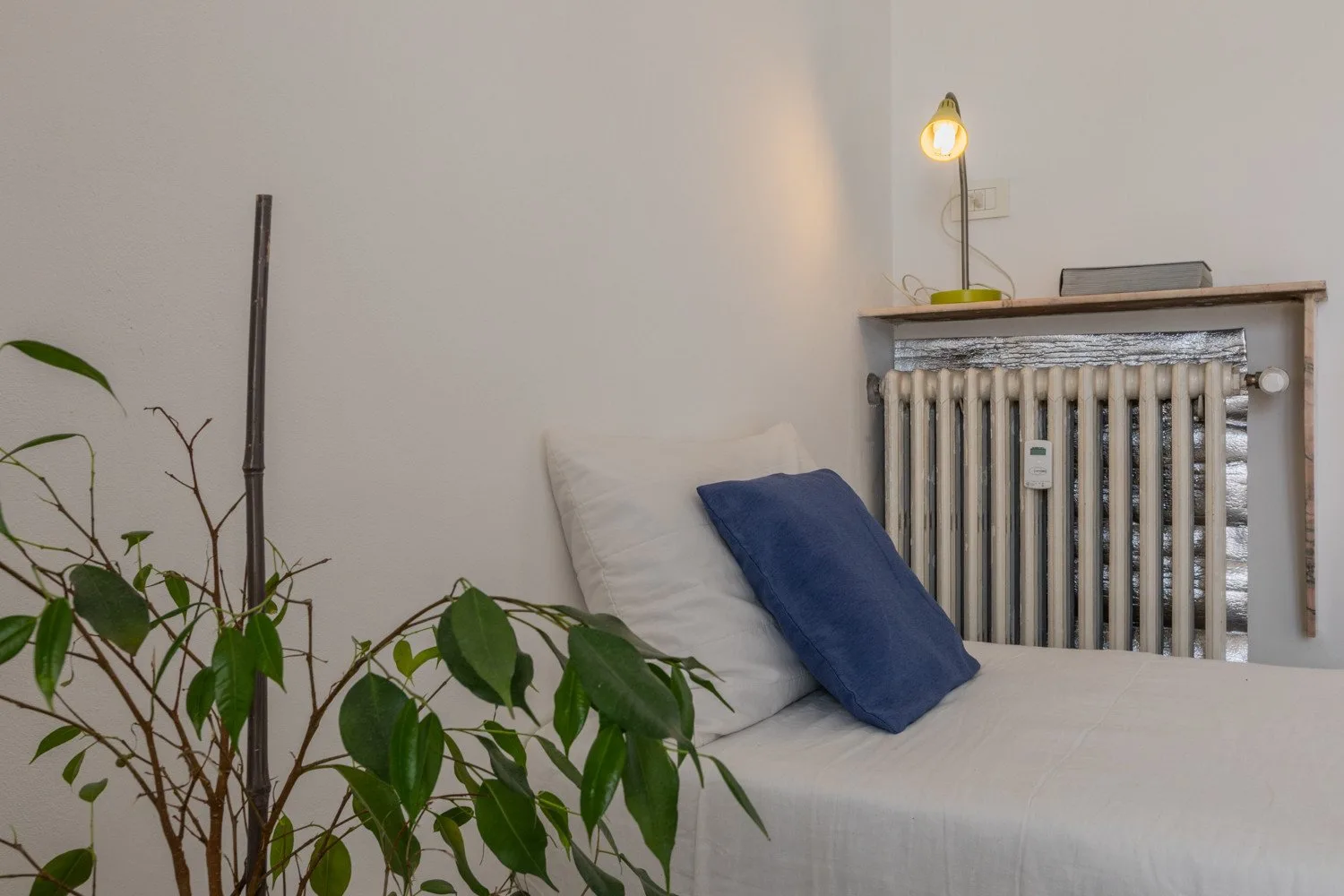 Una zona de asientos con cojines está junto a un radiador y plantas frondosas.
