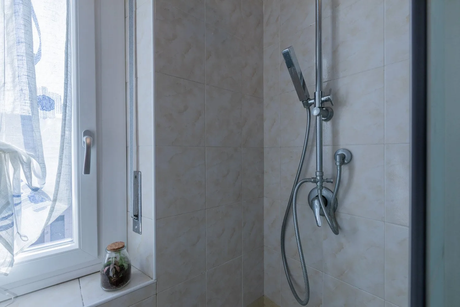 Una ducha de baño con azulejos junto a una ventana y una pequeña planta en el alféizar.