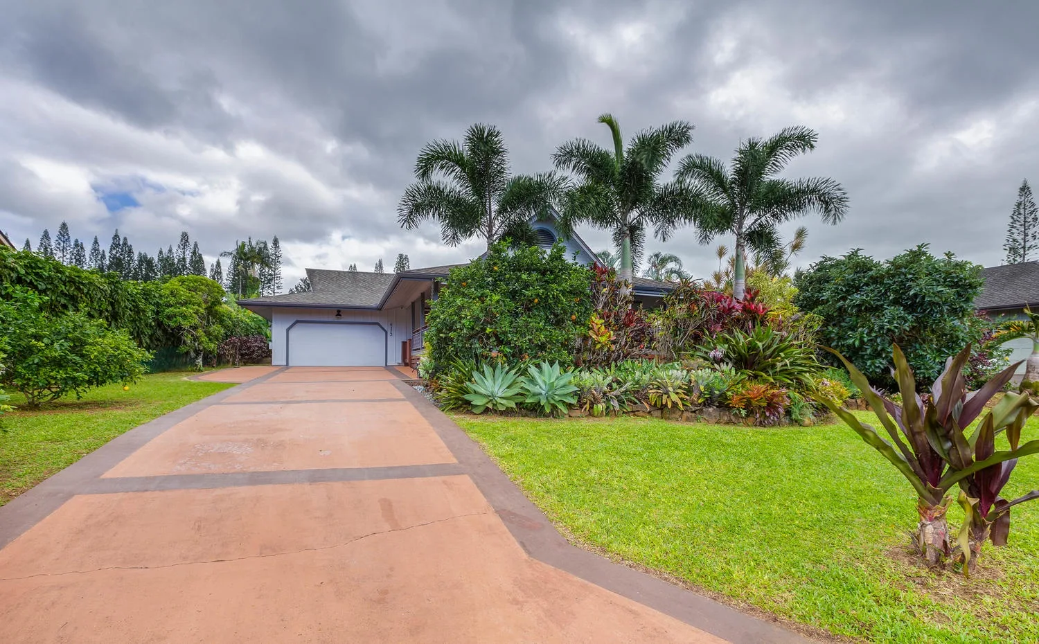 A house stands behind a wide driveway, with palms and garden plants nearby.