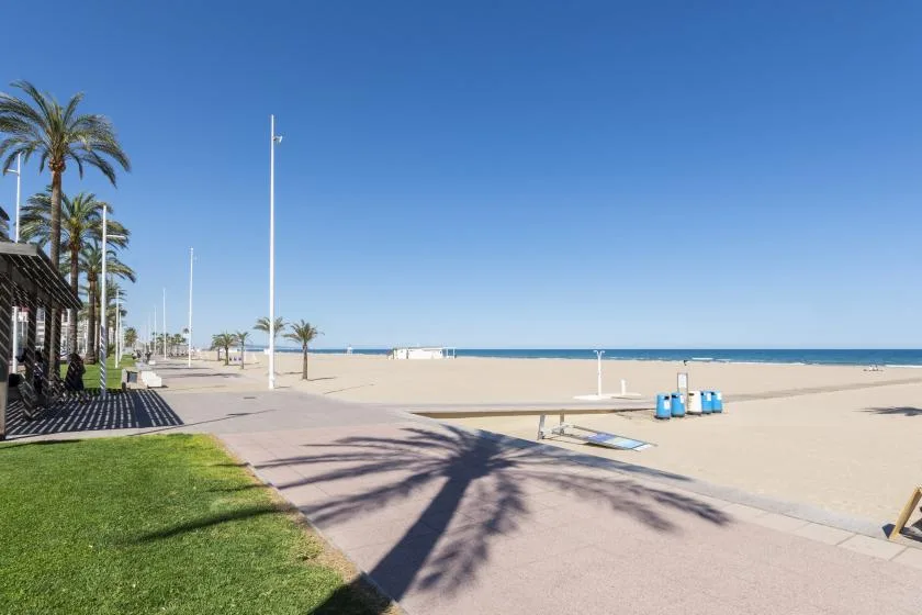 A sunny beachfront promenade runs beside a broad sandy beach and palm trees.