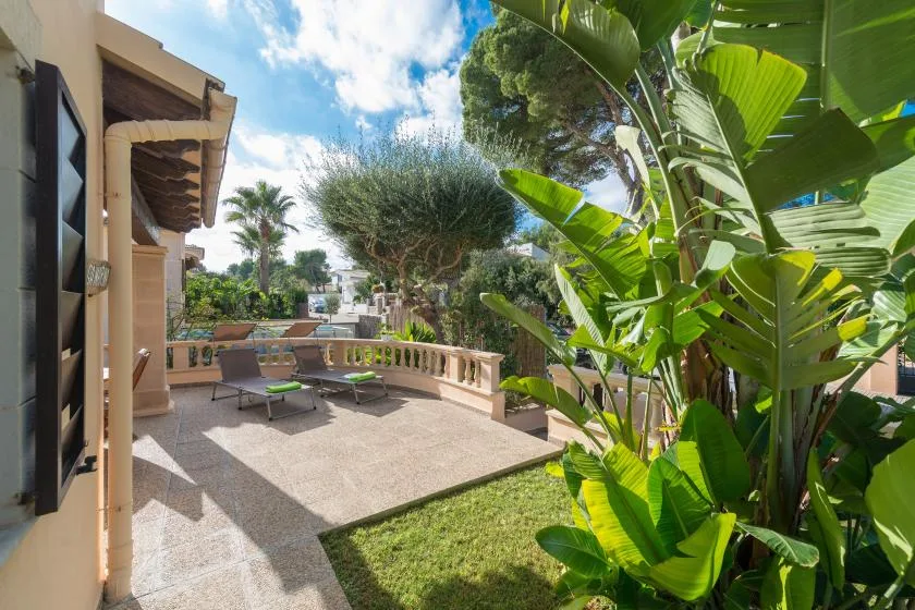A sunny outdoor patio with seating overlooks a garden filled with leafy plants.