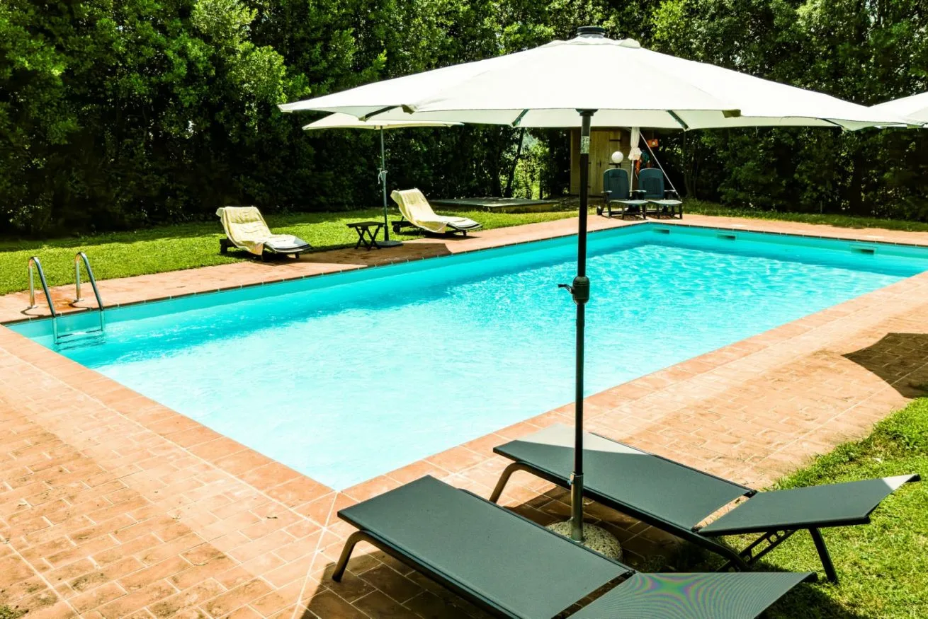 An outdoor swimming pool bordered by a brick patio and surrounded by greenery.