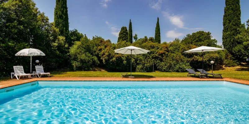An outdoor swimming pool sits beside a landscaped garden with sun umbrellas.