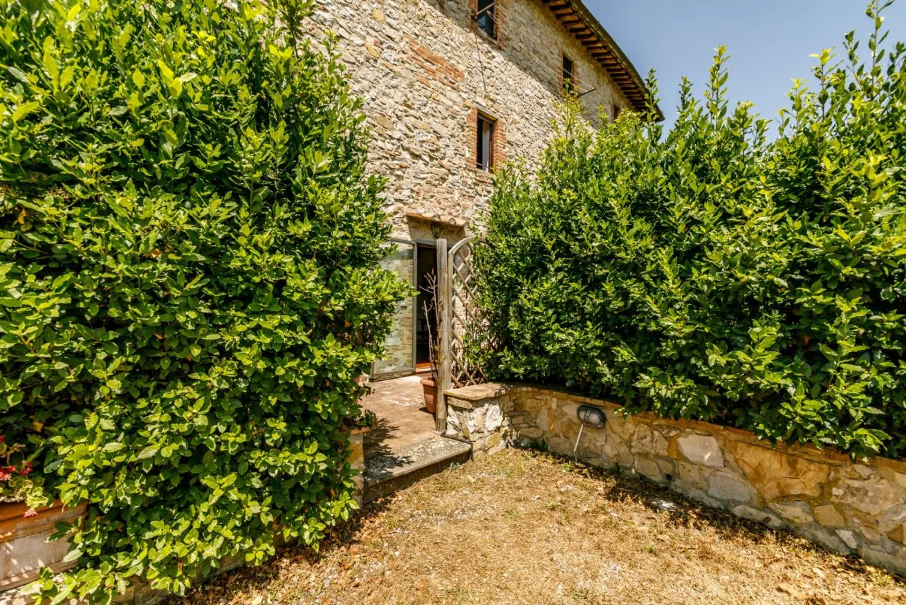 A stone building entrance is partly screened by dense green hedges.