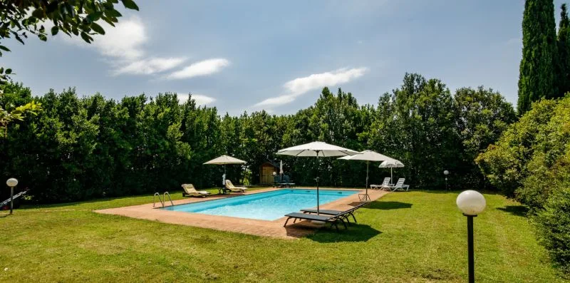 An outdoor swimming pool sits beside a grassy lawn with lounge chairs and umbrellas.